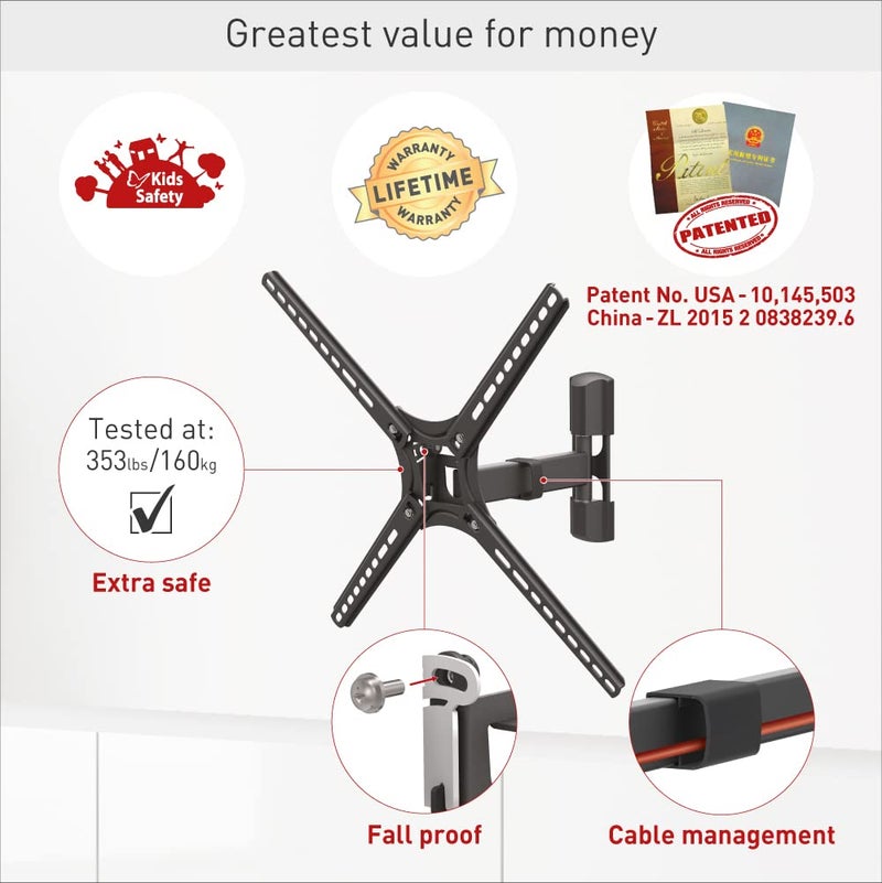 Barkan TV Wall Mount, 13-65 inch Full Motion Articulating - 3 Movement Flat/Curved Screen Bracket, Holds up to 88lbs, Patented, Fits LED OLED LCD - Image 3